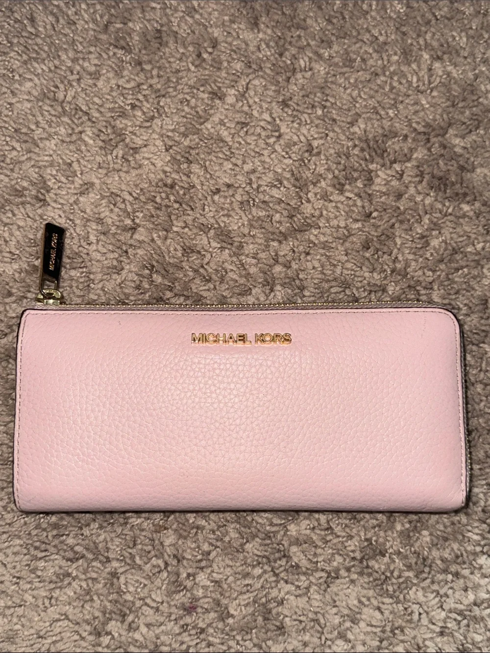 Michael Kors Pale Pink Pebbled Leather Zip Wallet with Gold Logo